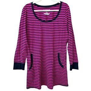 Cacique Sleepwear Pink Black Stripe Long Sleeve Pocket Tunic Sleep Shirt L 14 16